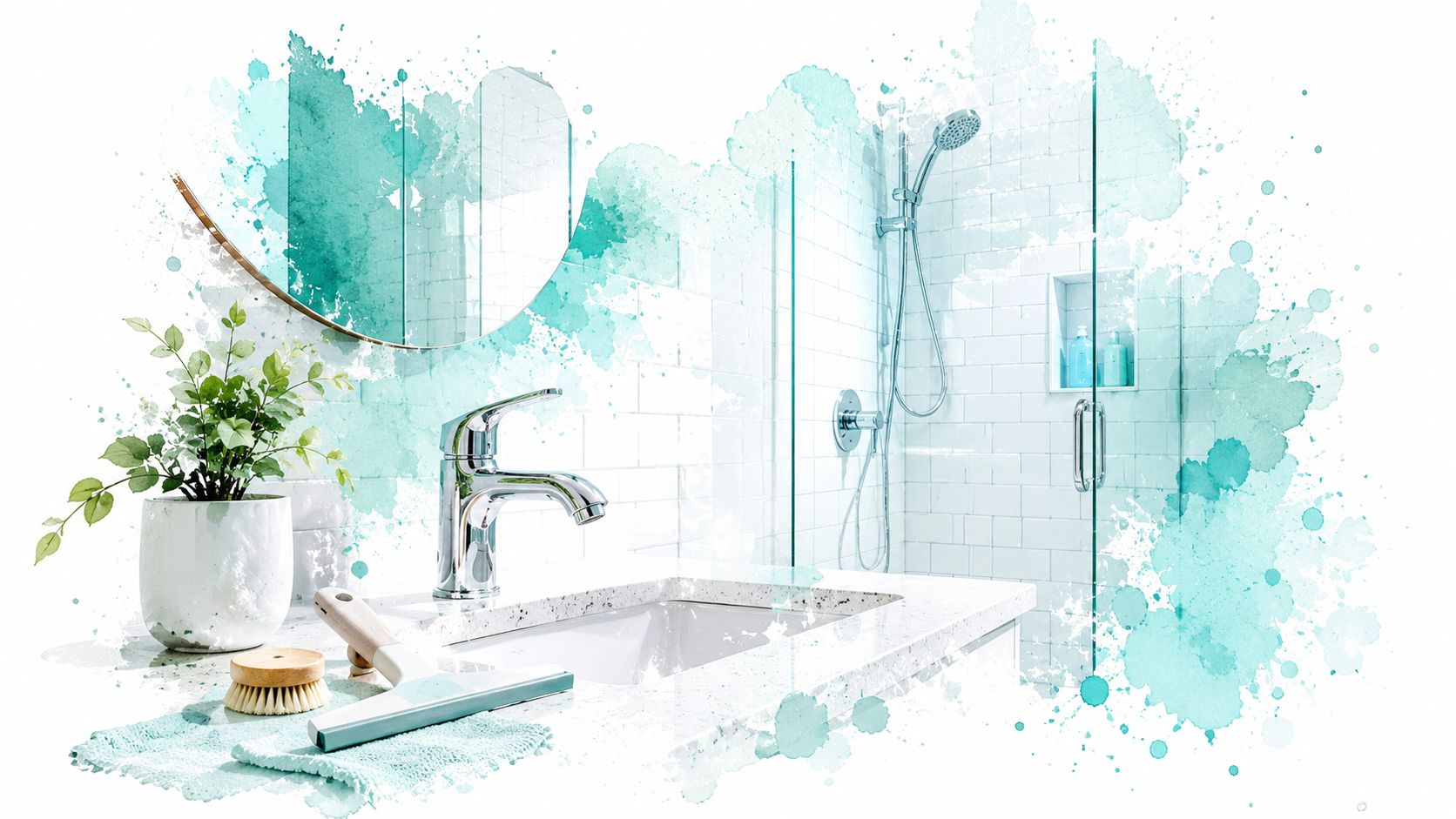 A clean bathroom counter with a potted plant, cleaning brush, and squeegee against a white tiled wall.