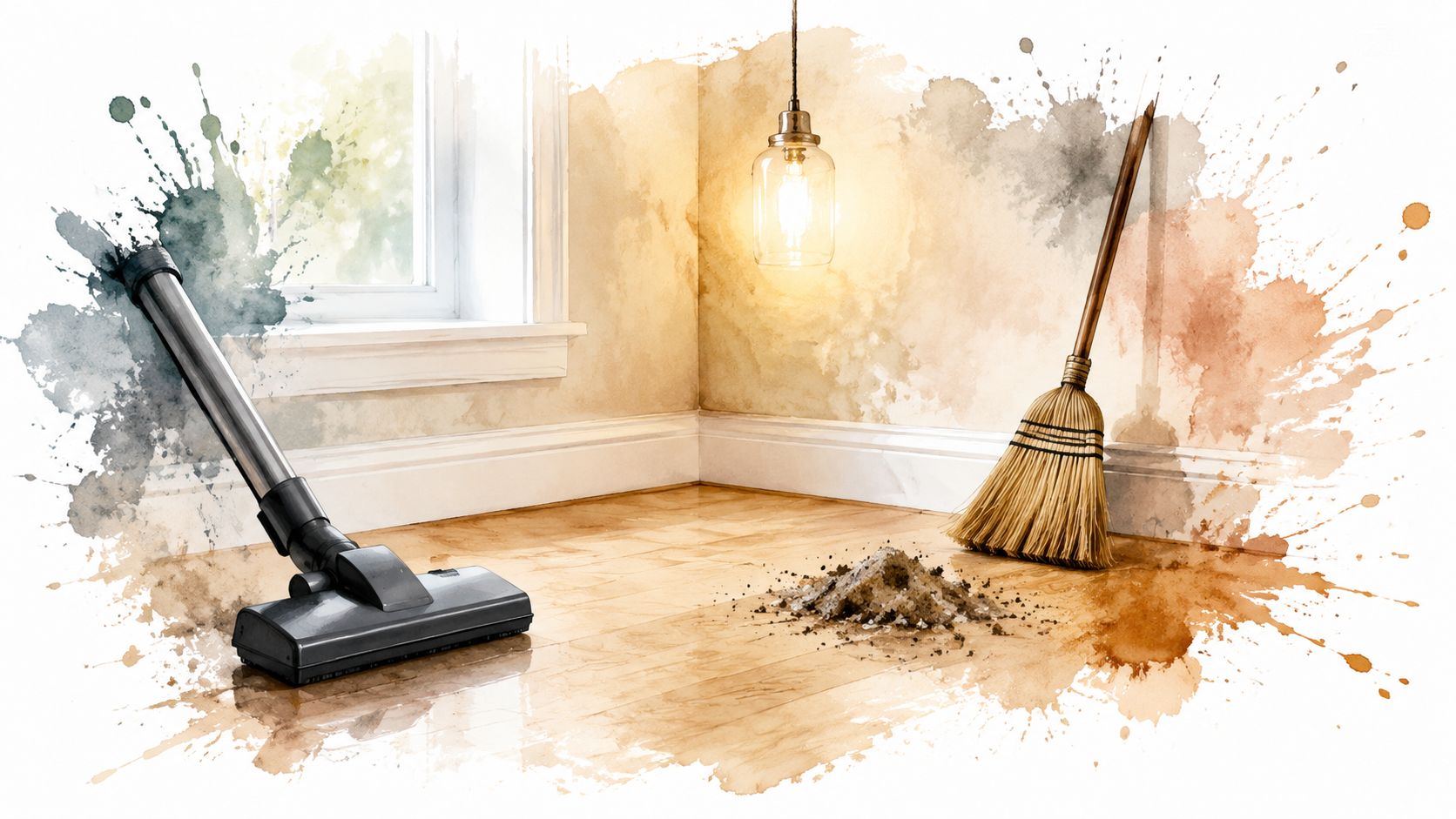 A artistic watercolor illustration showing a vacuum cleaner and a broom in an apartment cleaning scene.