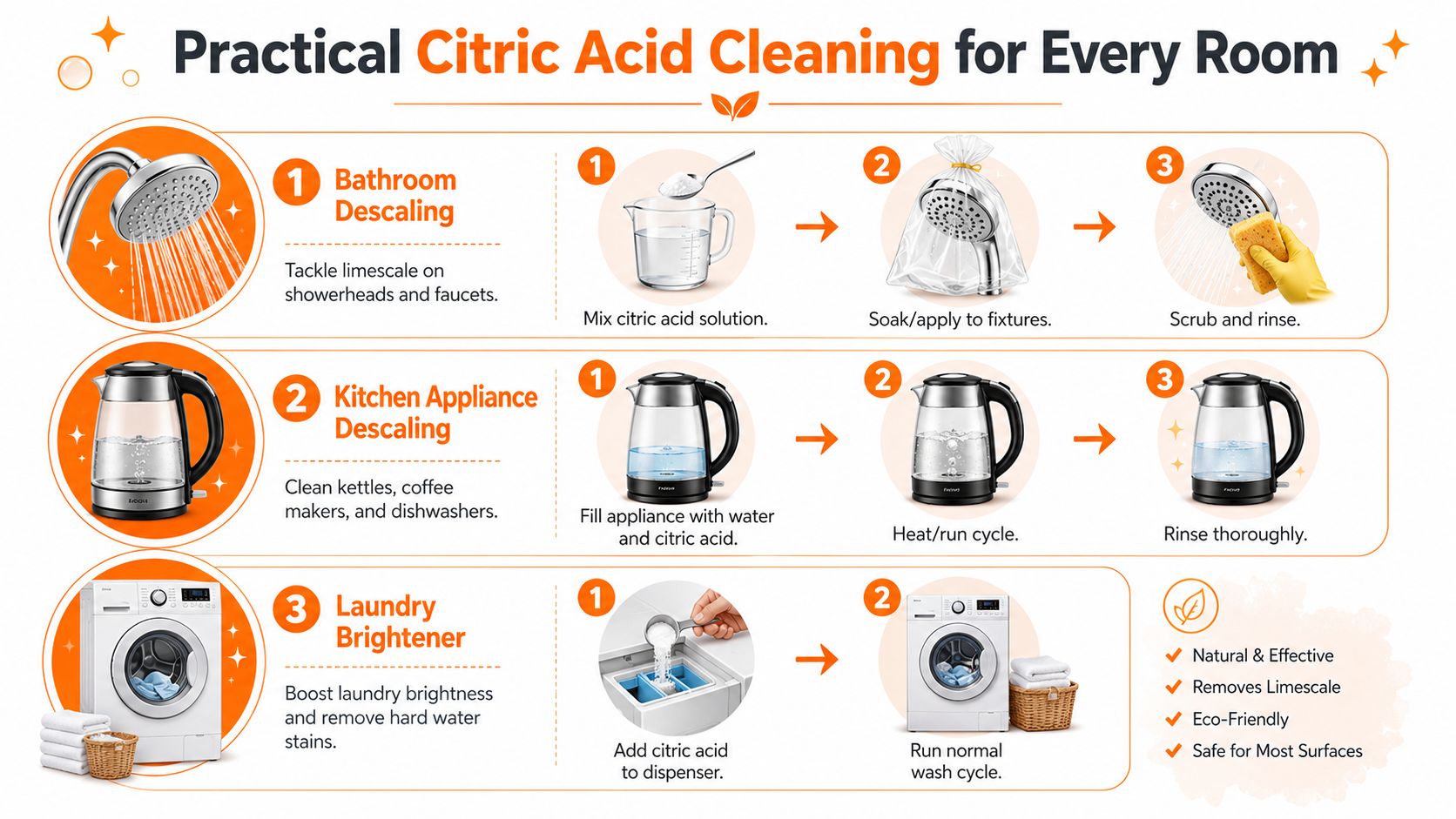 An infographic titled Practical Citric Acid Cleaning illustrating step-by-step methods for cleaning showerheads, kettles, and laundry machines.