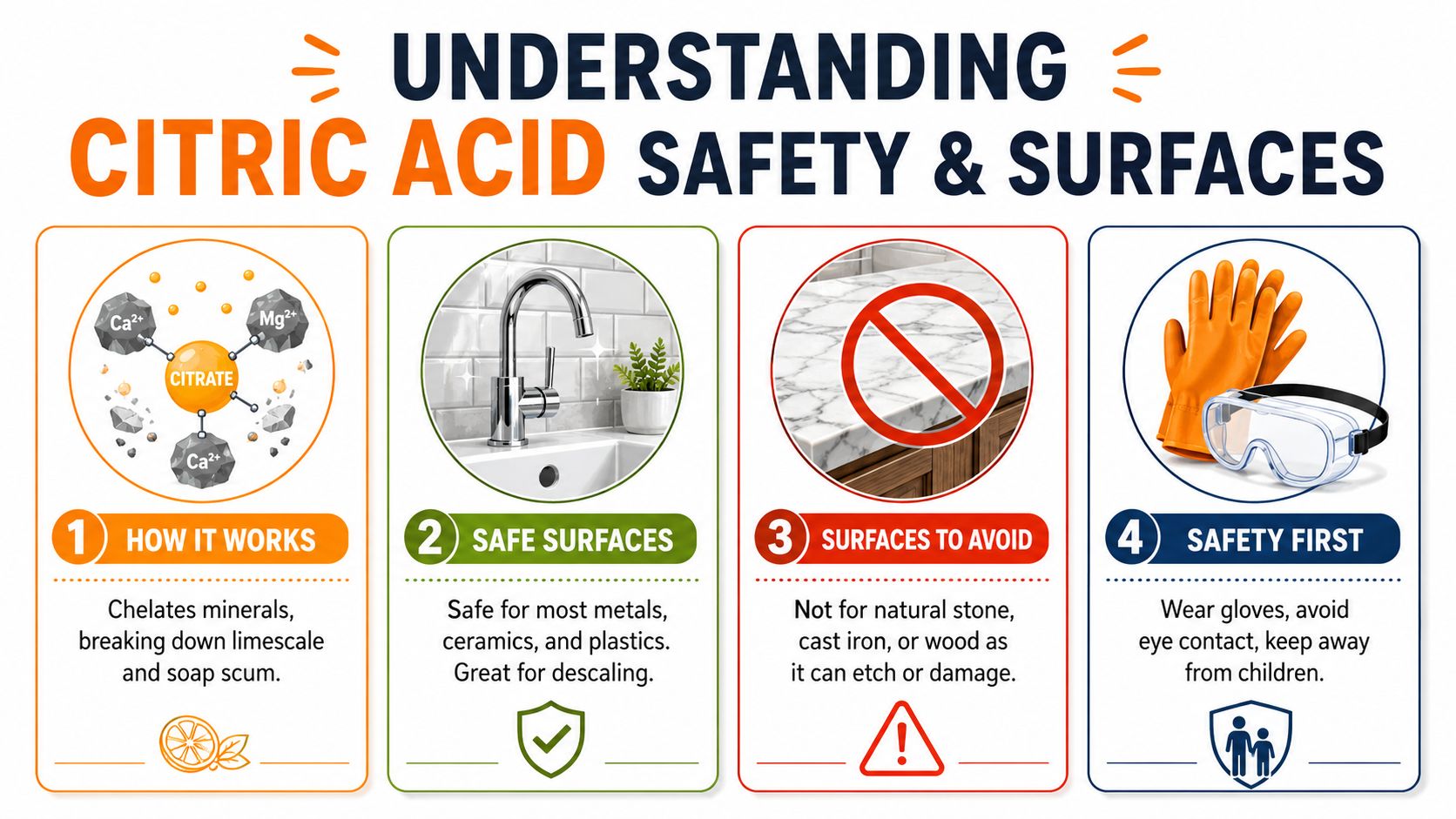 An infographic titled Understanding Citric Acid Safety and Surfaces, outlining its cleaning mechanism, safe and unsafe uses, and safety protocols.