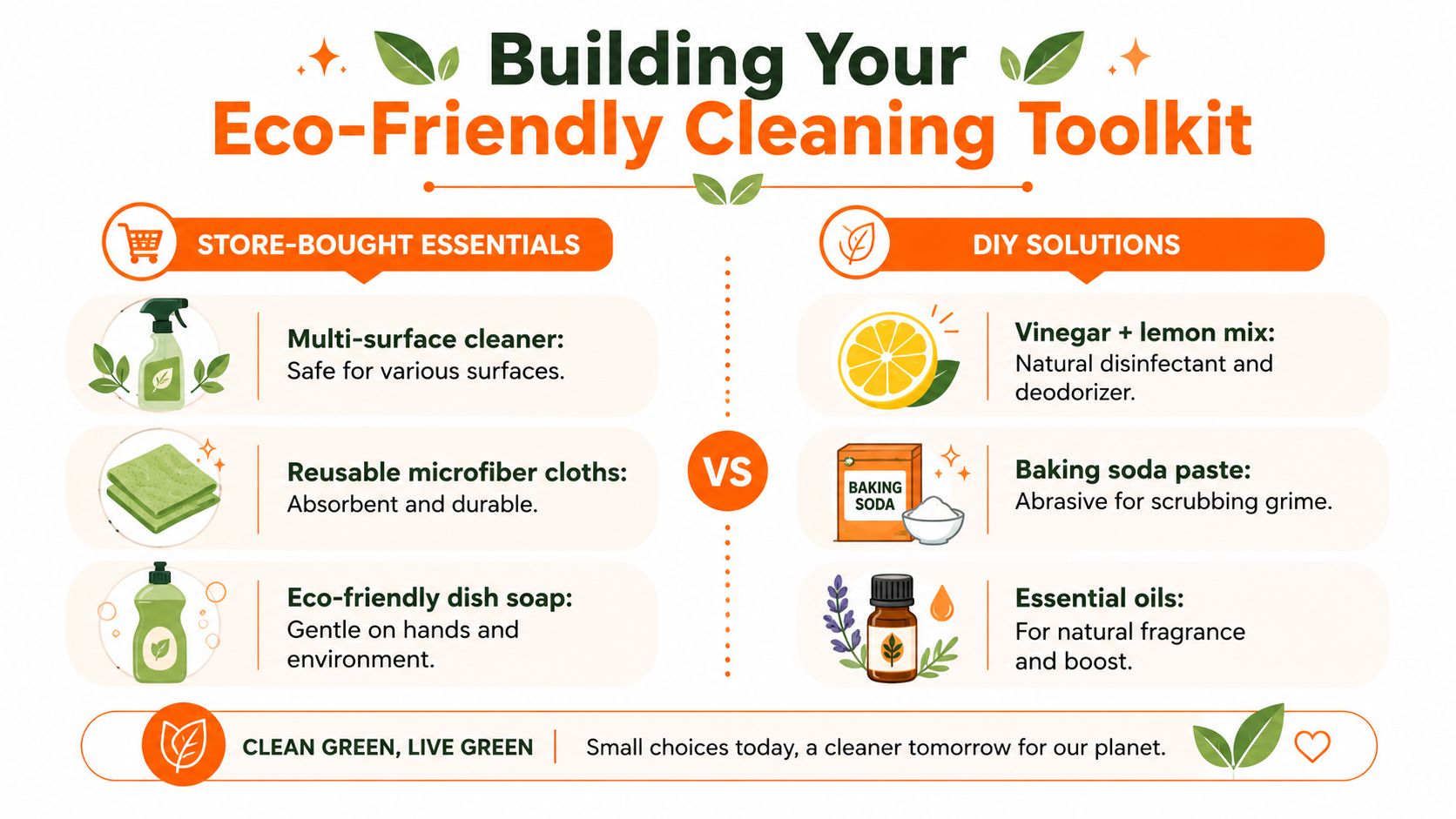 An infographic showing store-bought essentials and DIY solutions for building an eco-friendly cleaning toolkit.