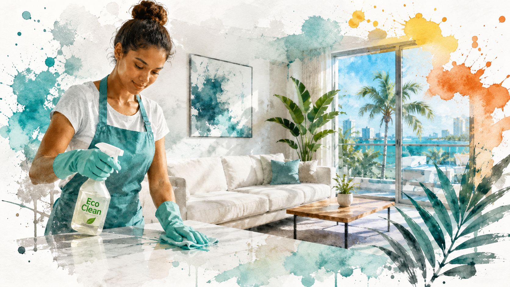 A woman wearing gloves and an apron cleans a marble countertop using Eco Clean spray cleaner.