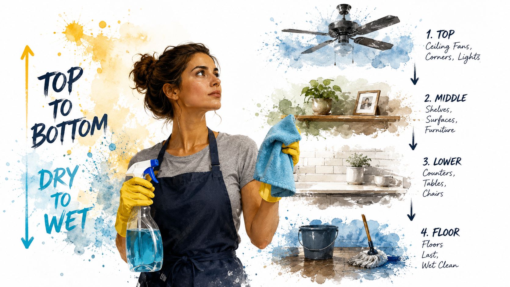 A woman cleaning showing a professional house cleaning guide ordered from top to bottom and dry to wet.