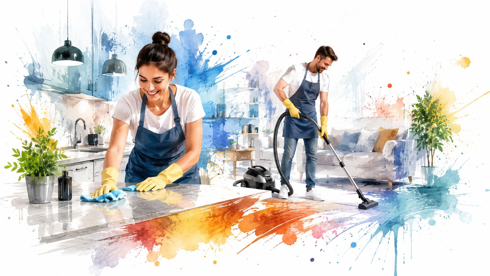 A smiling woman wiping a kitchen counter and a man vacuuming a living room, professional cleaning service.