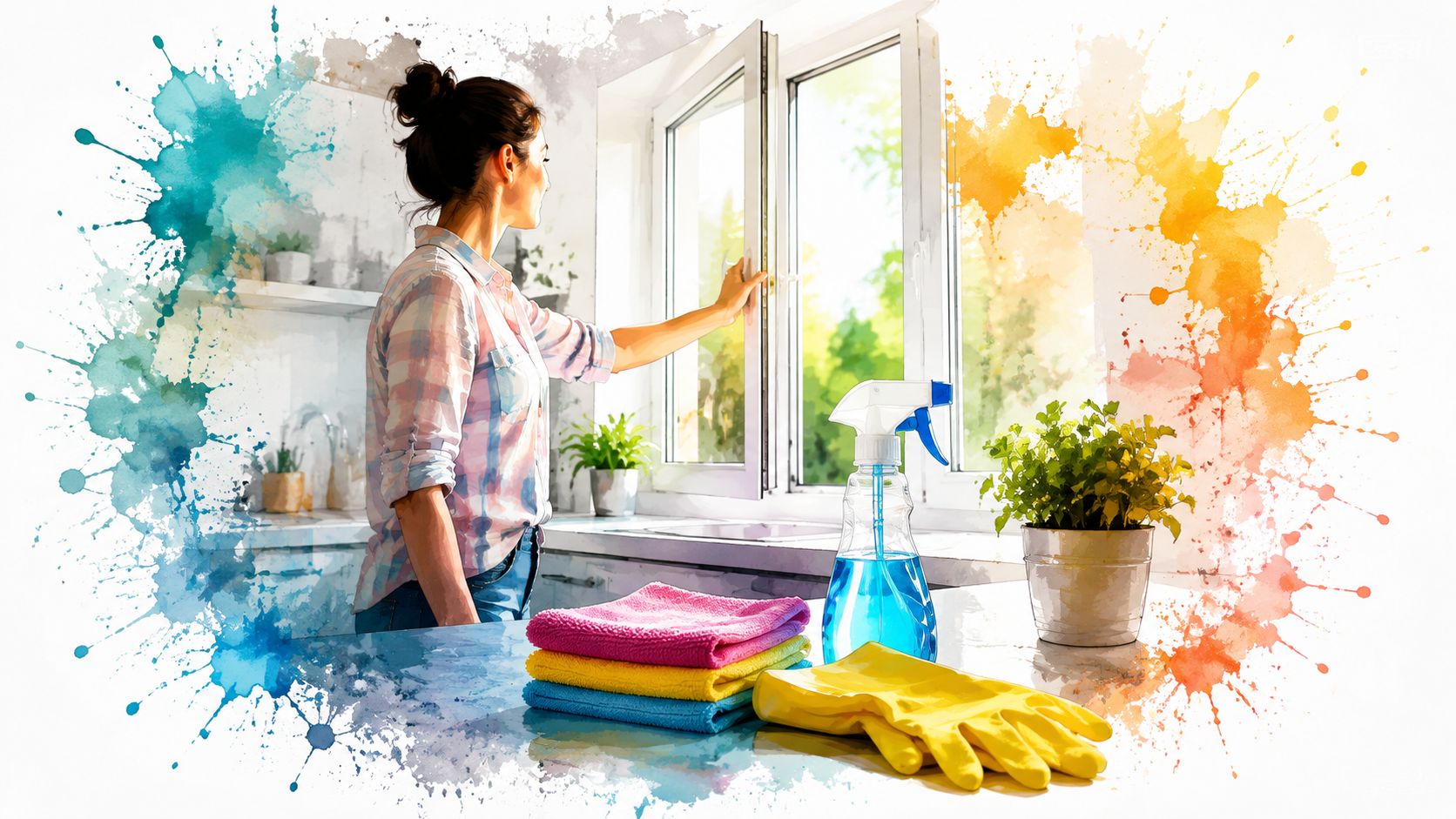 A woman cleaning a bright kitchen, opening a window with cleaning supplies on the counter nearby.