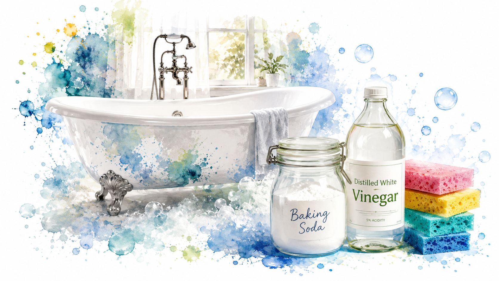 A clawfoot bathtub with cleaning supplies including baking soda, white vinegar, and colorful sponges on a counter.