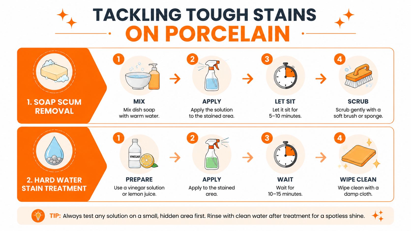 A helpful infographic outlining simple steps to remove soap scum and hard water stains from porcelain surfaces.