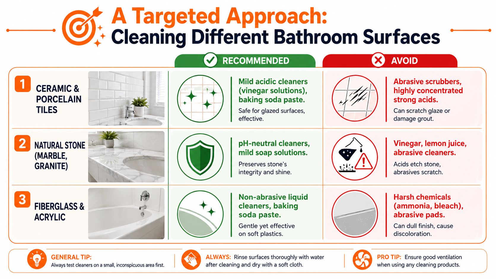 An infographic guide illustrating recommended and avoid methods for cleaning different bathroom surfaces like tile, stone, and fiberglass.
