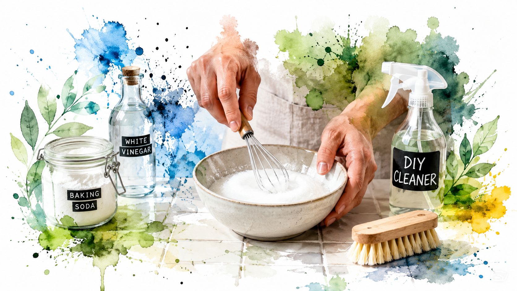 A person whisking a baking soda and vinegar cleaning mixture in a bowl with DIY supplies nearby.