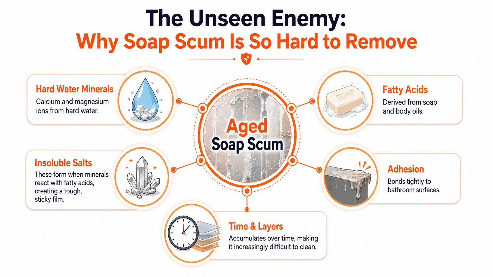 An infographic explaining why aged soap scum is difficult to remove from bathroom surfaces and fixtures.