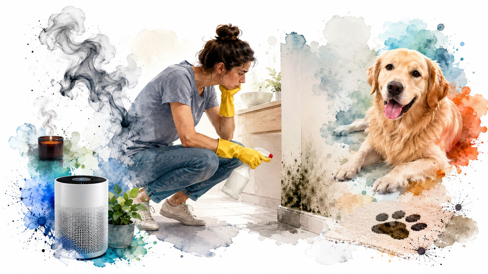 A woman cleaning moldy walls while an air purifier and a happy dog sit in the room.