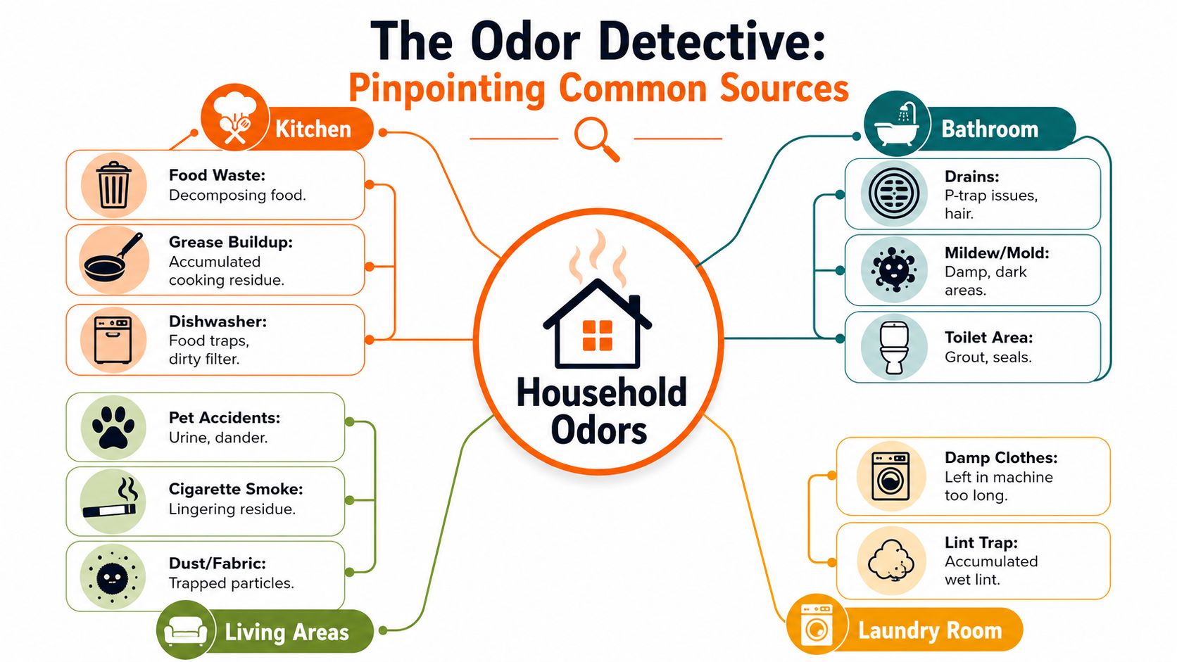 An infographic titled The Odor Detective showing common household odor sources in the kitchen, bathroom, and laundry.