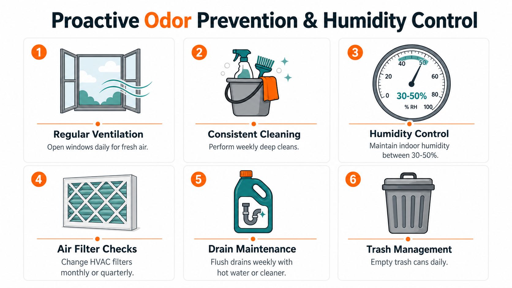 An infographic showing six proactive steps for preventing unpleasant home odors and managing indoor humidity levels effectively.