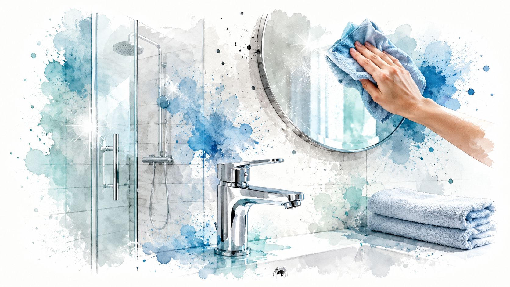 A hand wiping a round bathroom mirror with a blue cloth during a move out cleaning process.