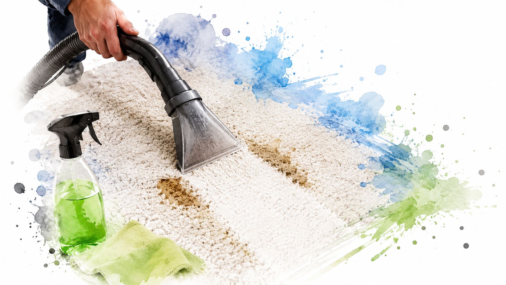 A professional carpet cleaning service using a vacuum tool to remove stains from a white carpet.