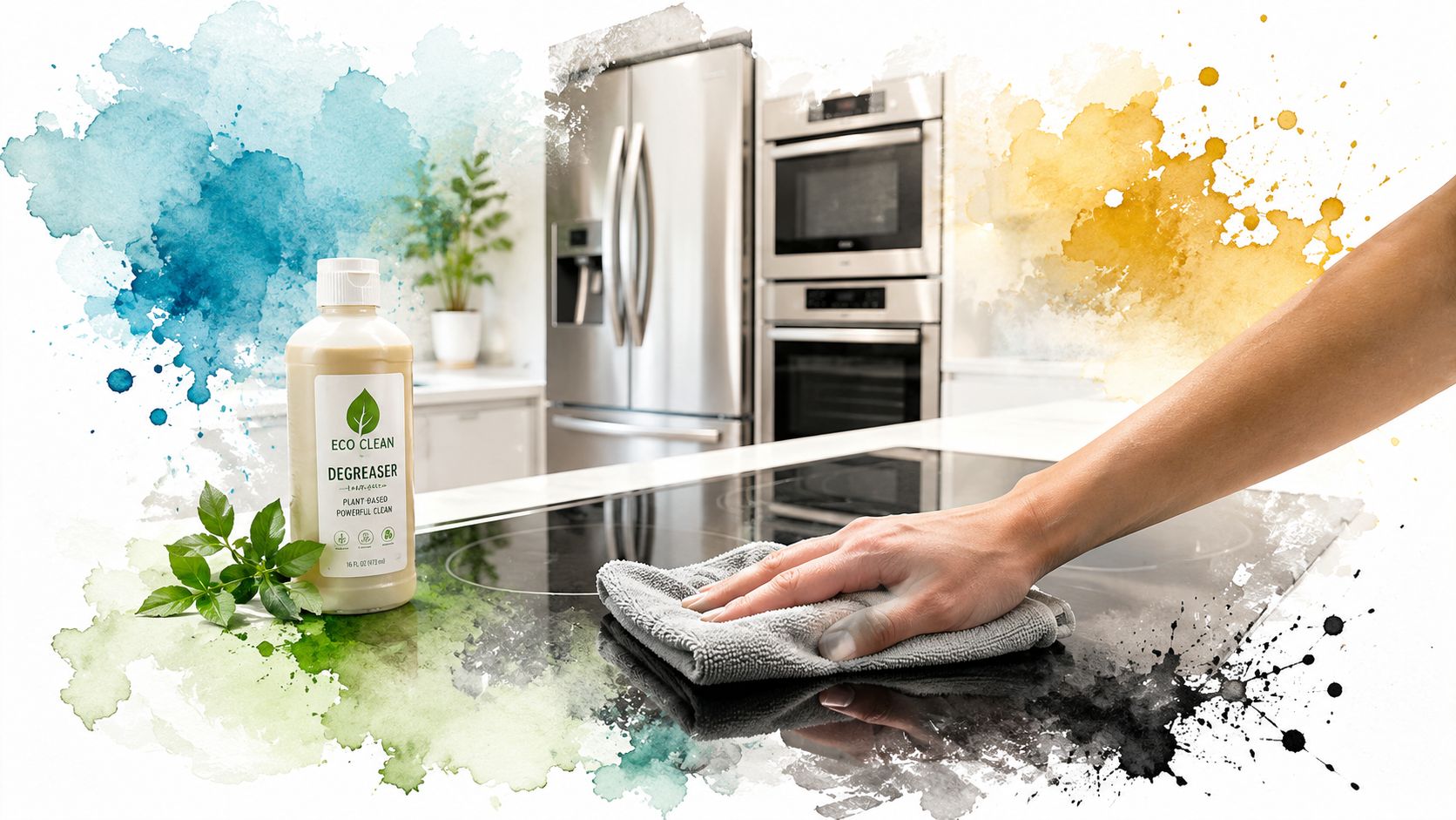 A hand cleaning a black glass stovetop with a grey cloth near a bottle of Eco Clean degreaser.