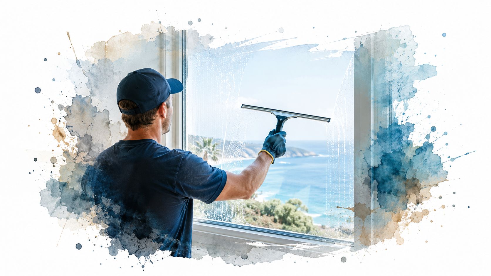A professional window cleaner wearing a cap and gloves using a squeegee to clean a glass window.