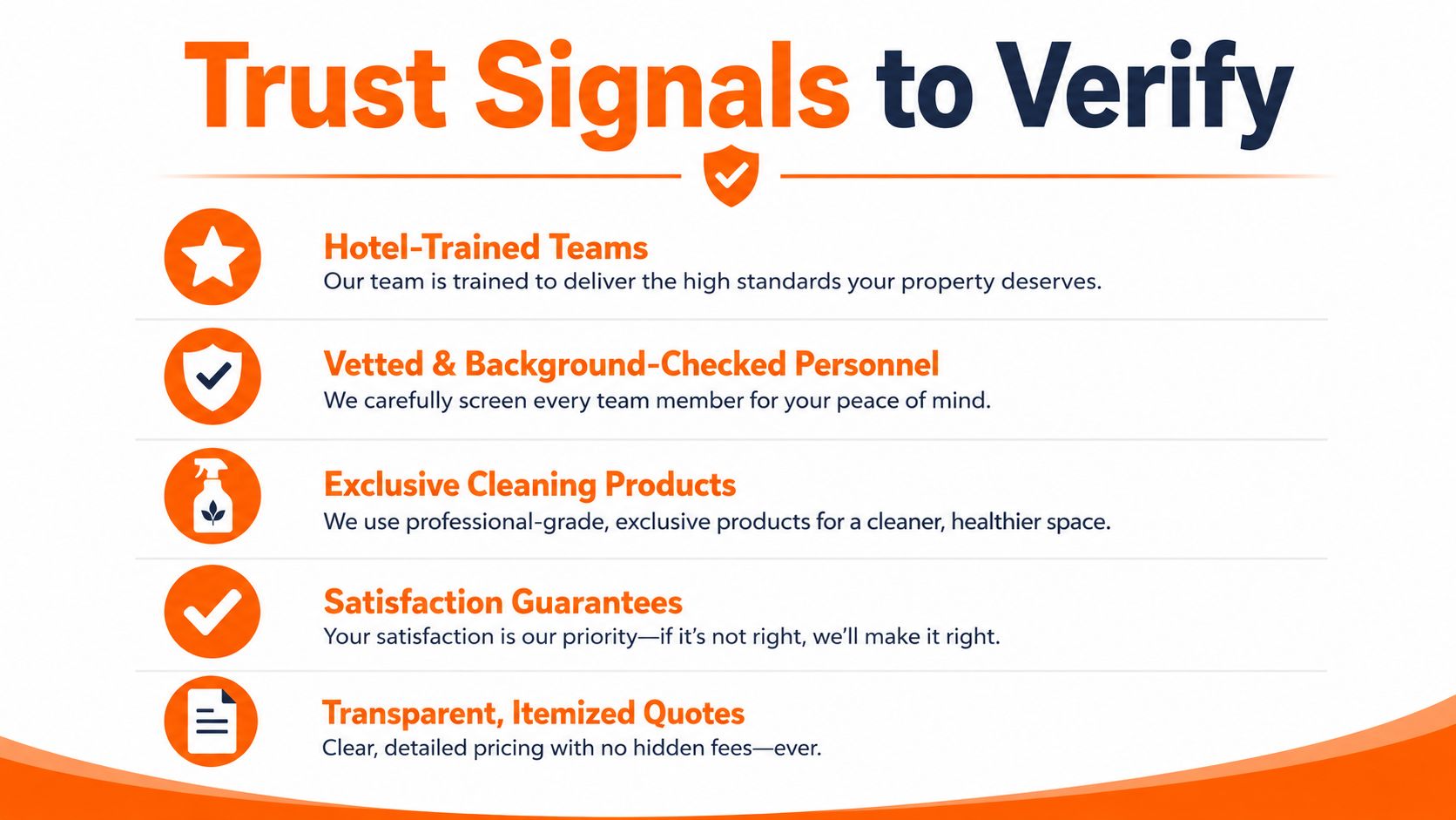 An infographic titled Trust Signals to Verify, listing five professional standards for a residential cleaning service provider.